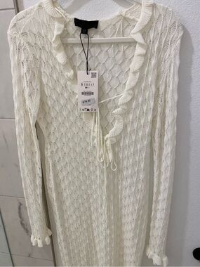 Zara NWT White Pointelle Knit Long-Sleeve Swim Coverup Size Small